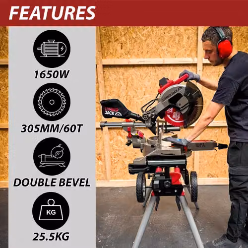 Lumberjack 12 Inch Double Bevel Mitre Saw with LED Shadow Light in Red W/D/H: 1000 x 760 x 340 mm – 7