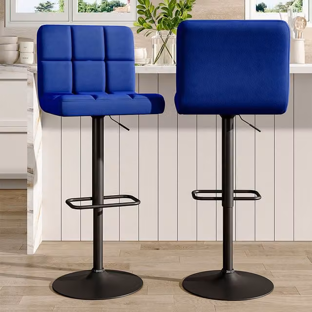 Livingandhome Set of 2 Blue Velvet Bar Stools with Low Backrest