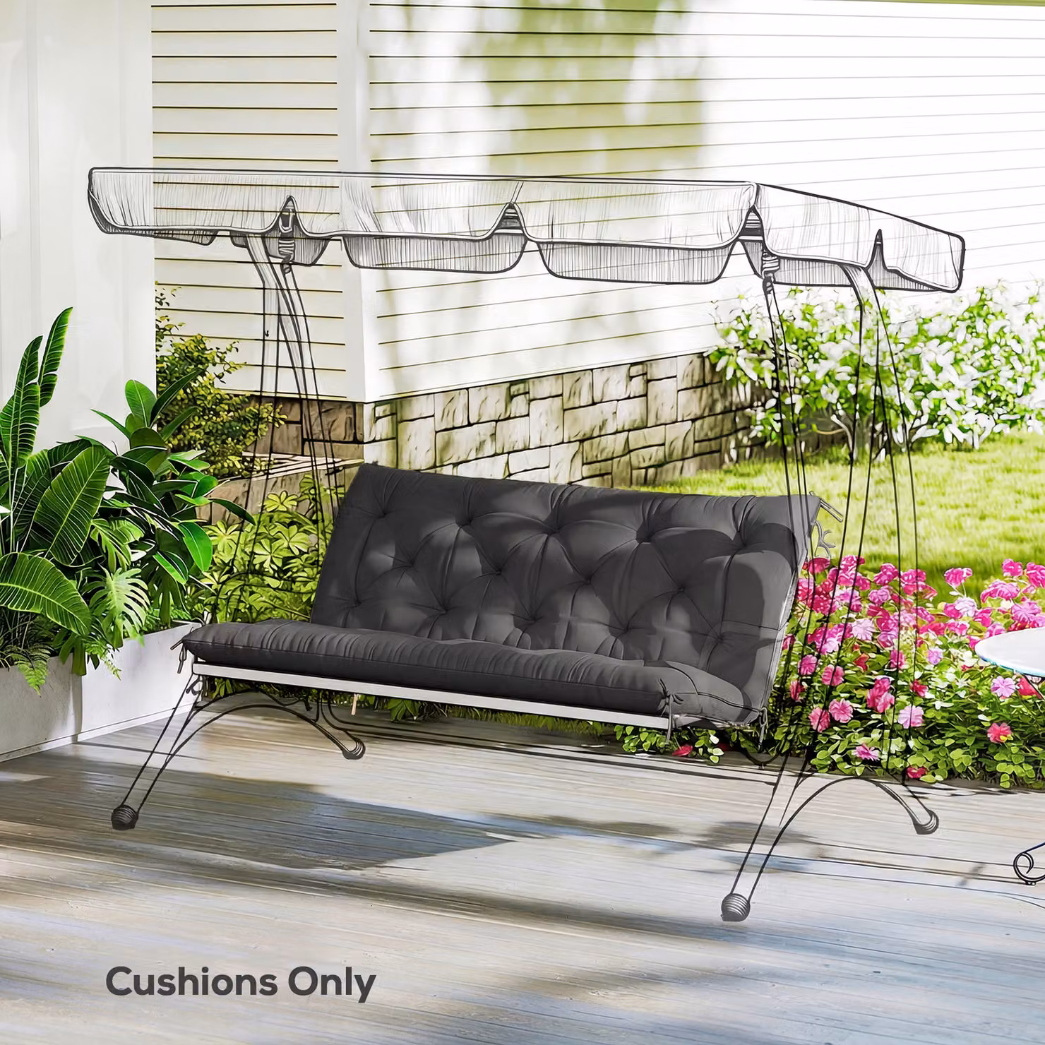 Outsunny Black 2 Seater Garden Bench and Swing Chair Cushion with Ties, W: 110 cm, D: 120 cm – 6
