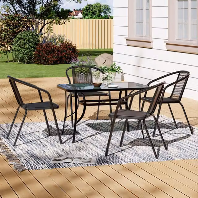 Livingandhome 6 Seater Bistro Set in Black with Rectangular Glass Table and 6 Chairs