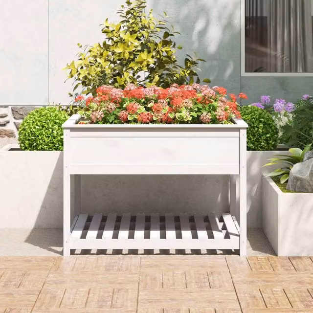 Berkfield Home White Solid Wood Pine Planter with Shelf W/D/H: 111.5 x 111.5 x 81 cm – 1