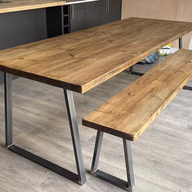 TRL Handmade Furniture Rustic Industrial Jacobean Rectangle Dining Table in Brown with Live Edge and Sled Base