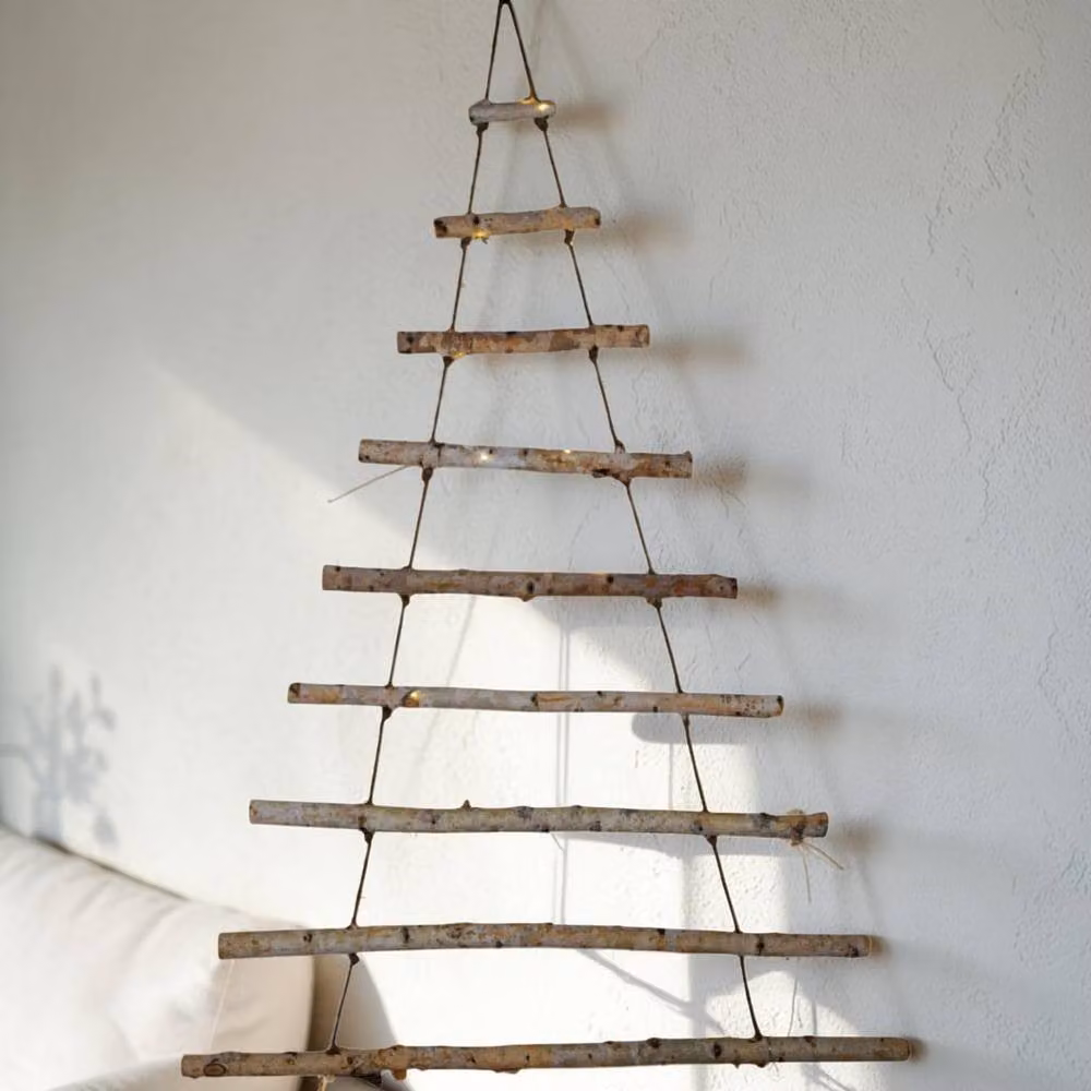 Four Candle Rustic Birch Bark Ladder Christmas Tree Wall Decoration in White – 2
