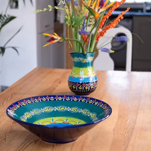 Verano Spanish Ceramics Extra Large Conical Hand Painted Ceramic Salad Bowl with Blue Floral Pattern – 2