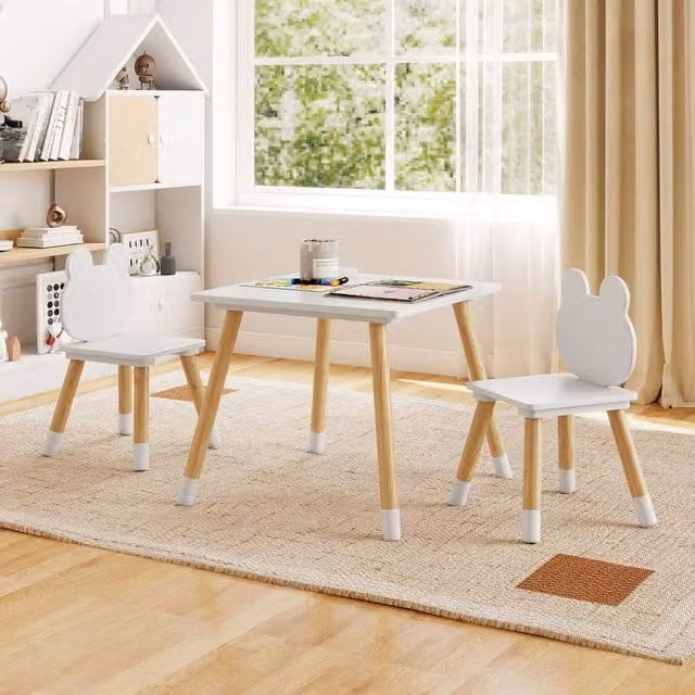 Costway 3 Piece White Wooden Kids Table and Chairs Set