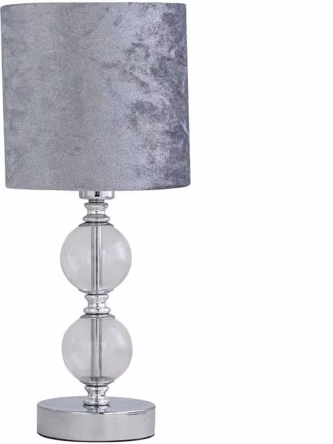 First Choice Lighting Chrome Two Ball Table Lamp with Grey Crushed Velvet Shade in Silver