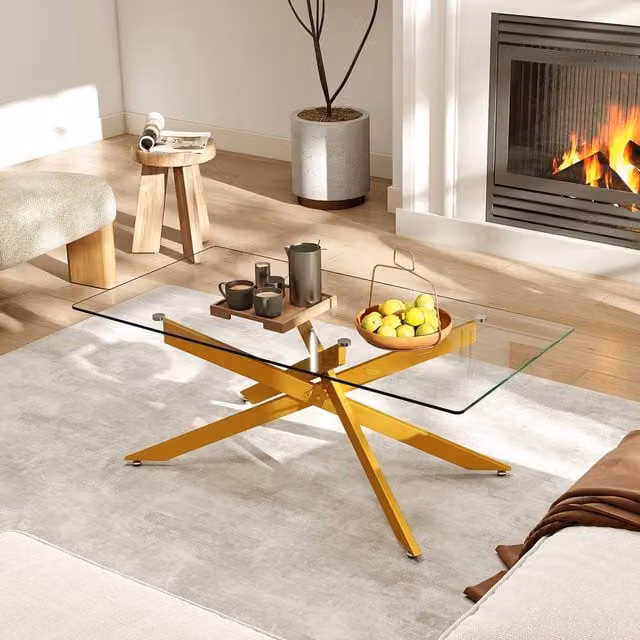 Costway Modern Rectangular Glass Coffee Table with Gold Metal Frame – 1