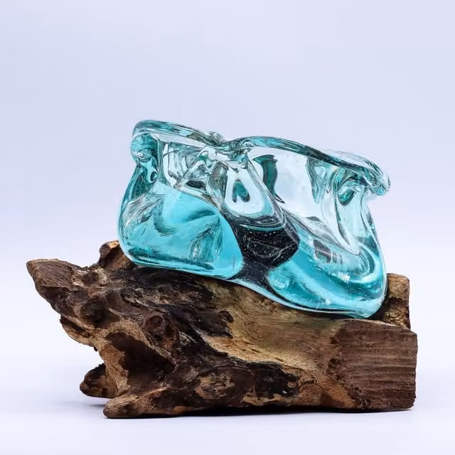 KDMK Turquoise Molten Glass and Wood Ashtray Candle Holder