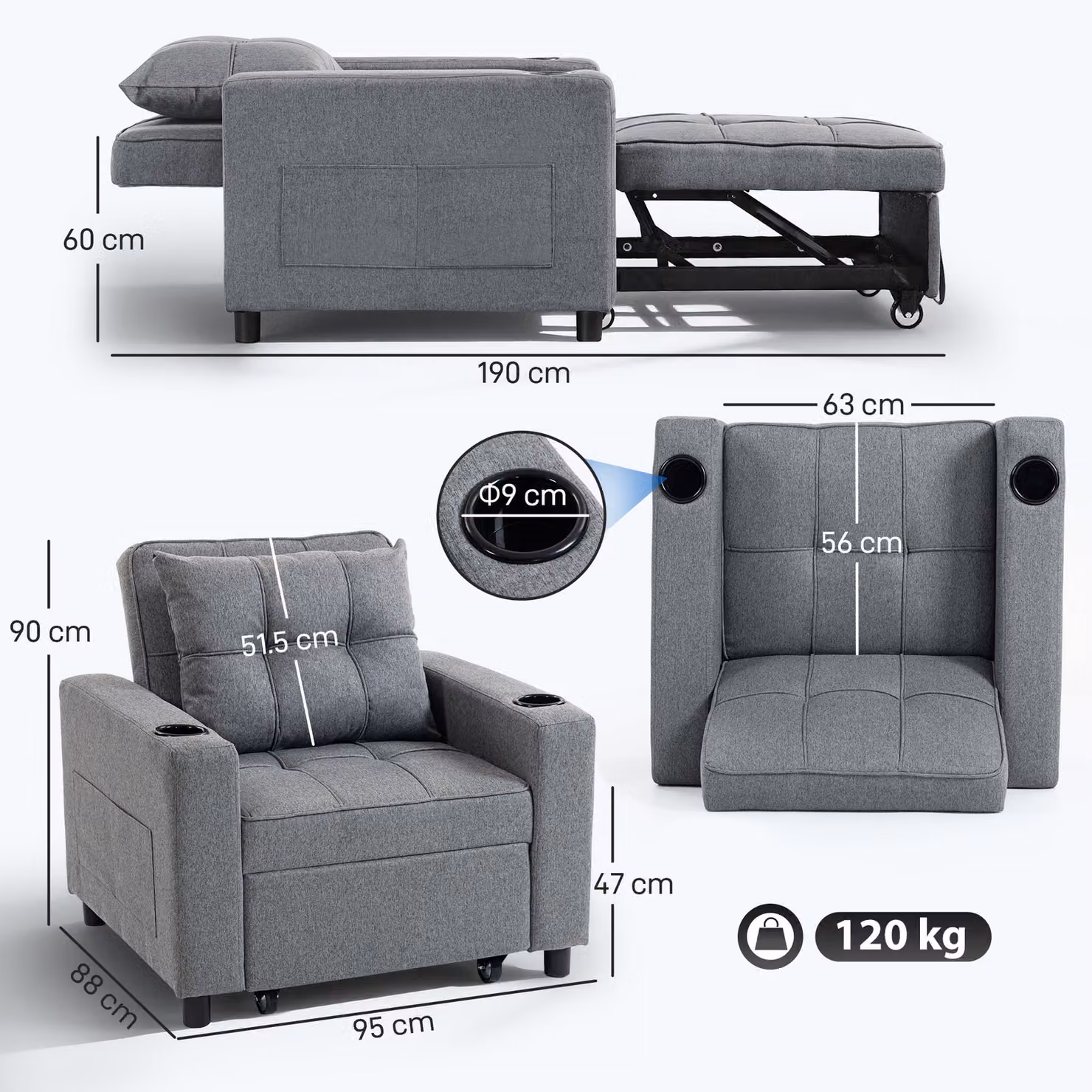 HOMCOM 3-in-1 Single Sofa Bed, Convertible Fabric Sleeper Chair with Armrests and Cup Holder, Dark Grey – 3