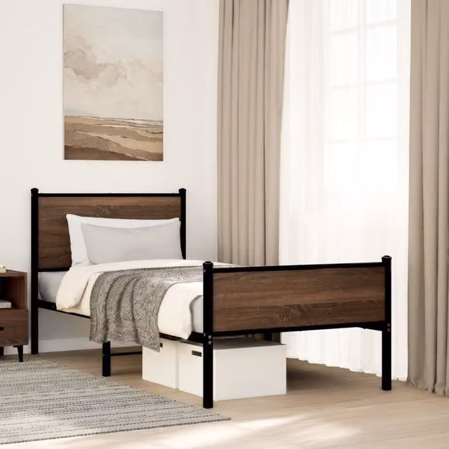 Berkfield Home Metal Bed Frame in Brown Oak, W/D/H: 90 x 190 cm Single – 1