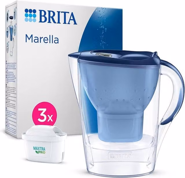 Brita Marella Water Filter Jug in Blue, 2.4 l, with Lid and 3x MAXTRA PRO Pure Performance Cartridges