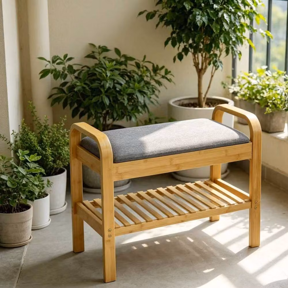 Gr8 Home Bamboo 2 Tier Shoe Rack Bench with Fabric Cushion Seat, W/D/H: 60 x 50 x 34 cm, Natural Grey – 6