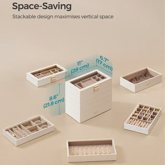 SONGMICS Stackable 5-Tier Jewellery Box with Lid, White and Transparent