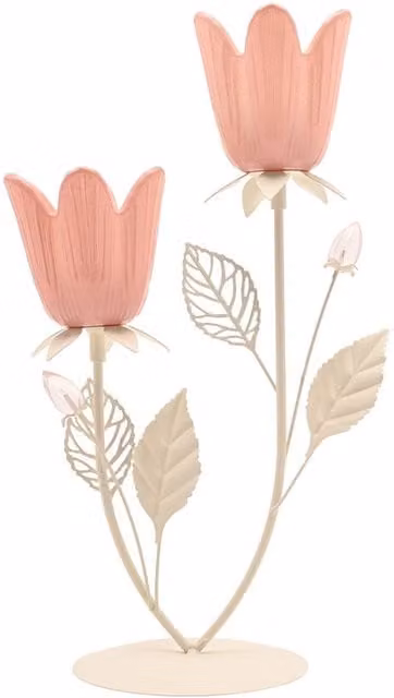 Hestia Pink and Cream Floral Metal Double Candle Holder for Taper, Dinner or Tealight Candles – 1