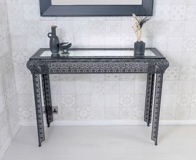 Downton Interiors Agadir Collection Black Embossed Metal and Mirrored Glass Rectangular Console Table