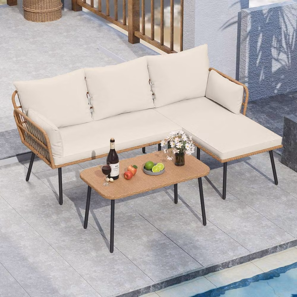 Costway 3-Piece Rattan Patio Sectional Sofa and Coffee Table Set in White – 2