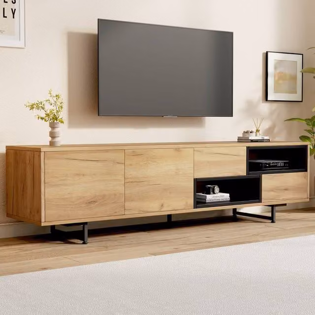 Merax Modern Low TV Stand with Drawers and Open Shelving in Natural, W: 173 cm, D: 48 cm, H: 48 cm – 1