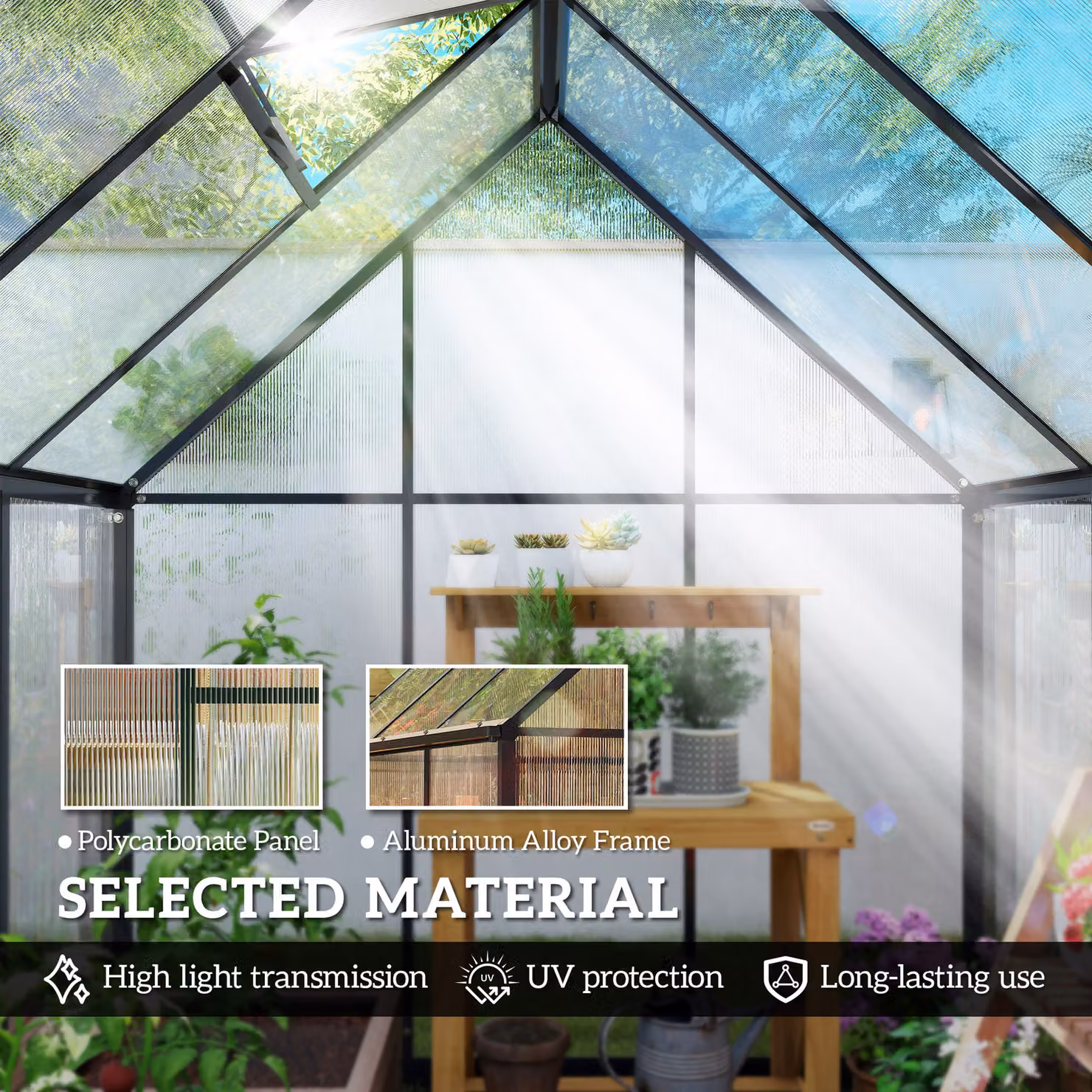 Outsunny Black Polycarbonate Walk-in Greenhouse with Swing Door, Adjustable Window and Rain Gutter, W/D/H: 182.88 x 178.0 x 195.0 cm – 4
