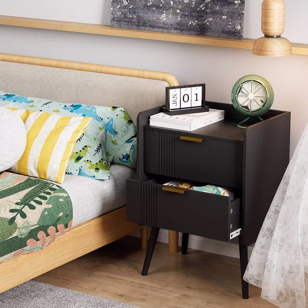 Huhote Black Bedside Table Cabinet with 2 Drawers and Wooden Legs – 3