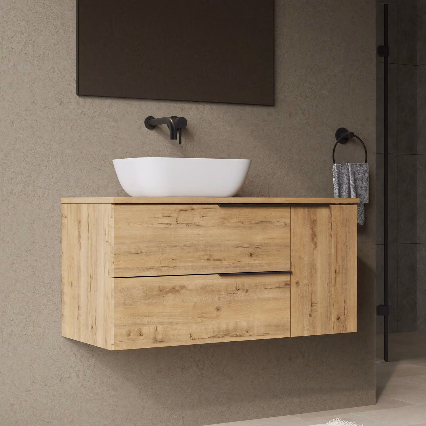 Banyetti Celtic Duo 1000mm Wall Hung Vanity Unit with Door and Worktop in Ostippo Light Oak – 4