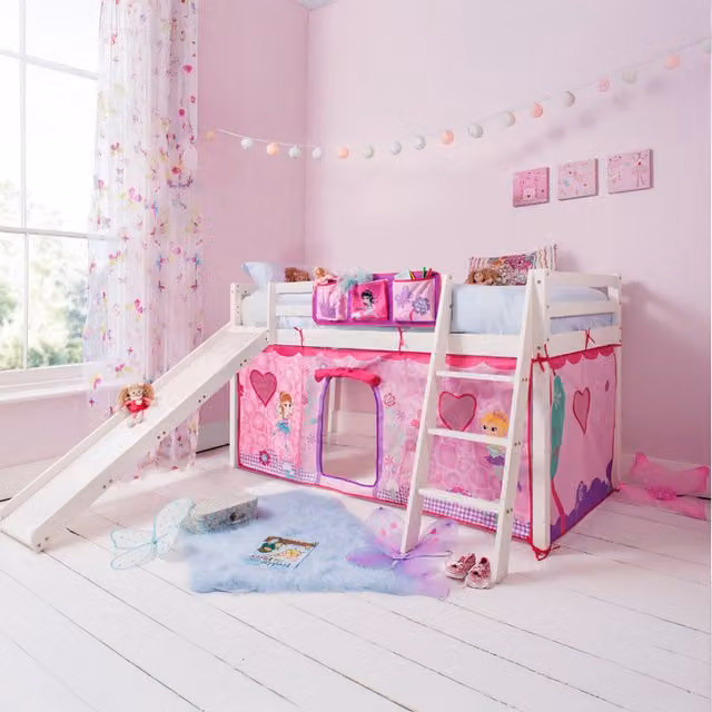 Noa and Nani Moro Cabin Mid Sleeper Bed with Slide and Fairies Tent in White and Pink