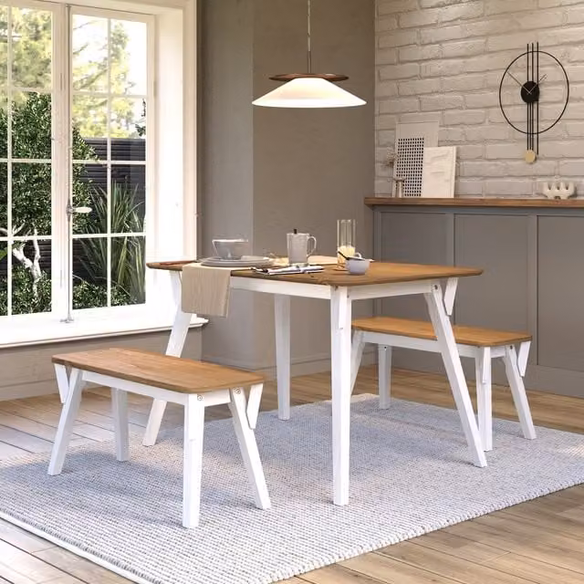 Corona White Washed Waxed Solid Pine 140cm Rectangular Kitchen Table and 2 Bench Set