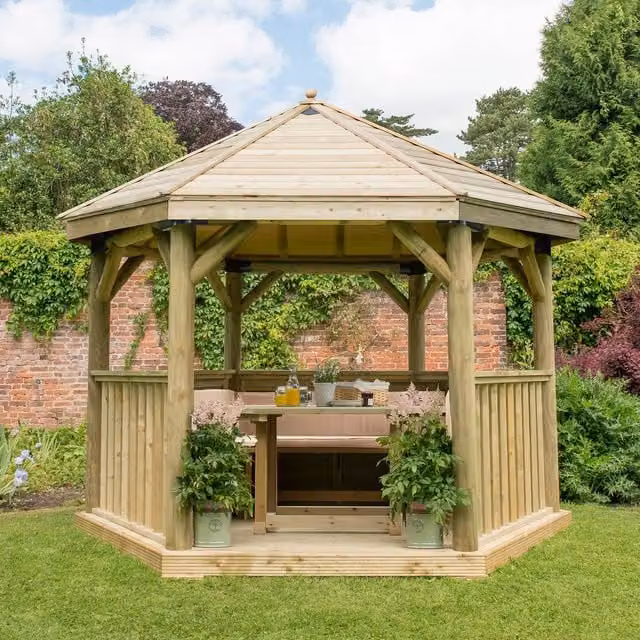 Forest Hexagonal Garden Gazebo in Rustic Pine and Steel, 3.6 Metre