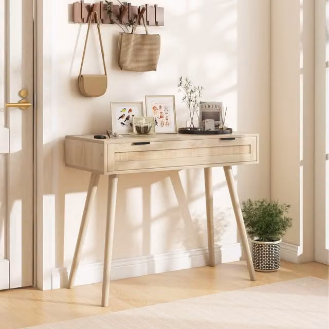 COSTWAY Boho Rattan Rectangular Console Table in Natural Brown and Beige