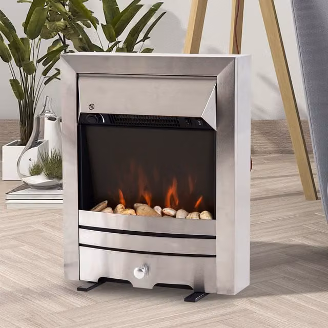HOMCOM 2KW Electric Fireplace with Pebble Burning Effect and LED Lighting in Silver Stainless Steel – 8