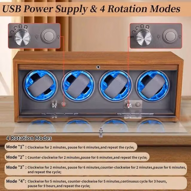 FLAVORA 4 Slot LED Watch Winder with Grey Inner Lining in Brown – 1