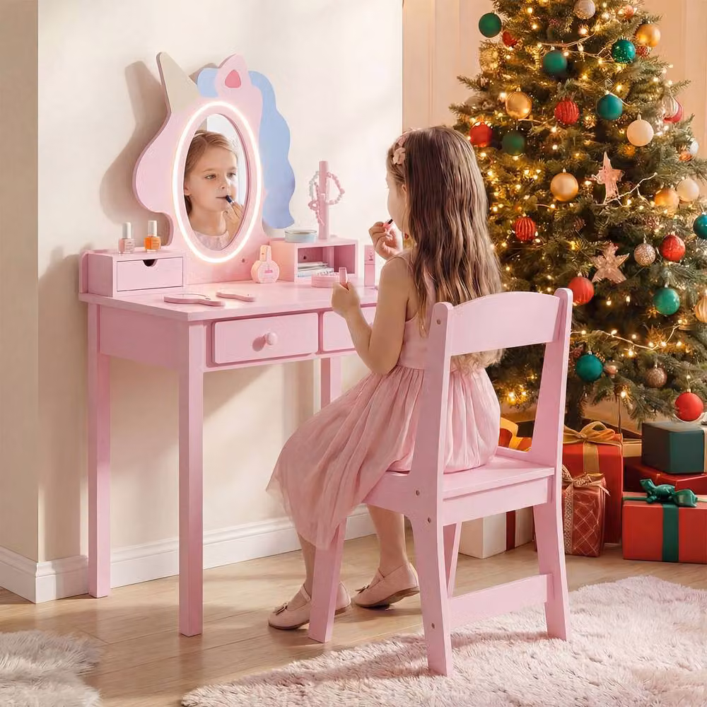 CASART Kids Vanity Set with Lighted Unicorn Mirror 2-in-1 Toddler Makeup Desk in Pink – 3