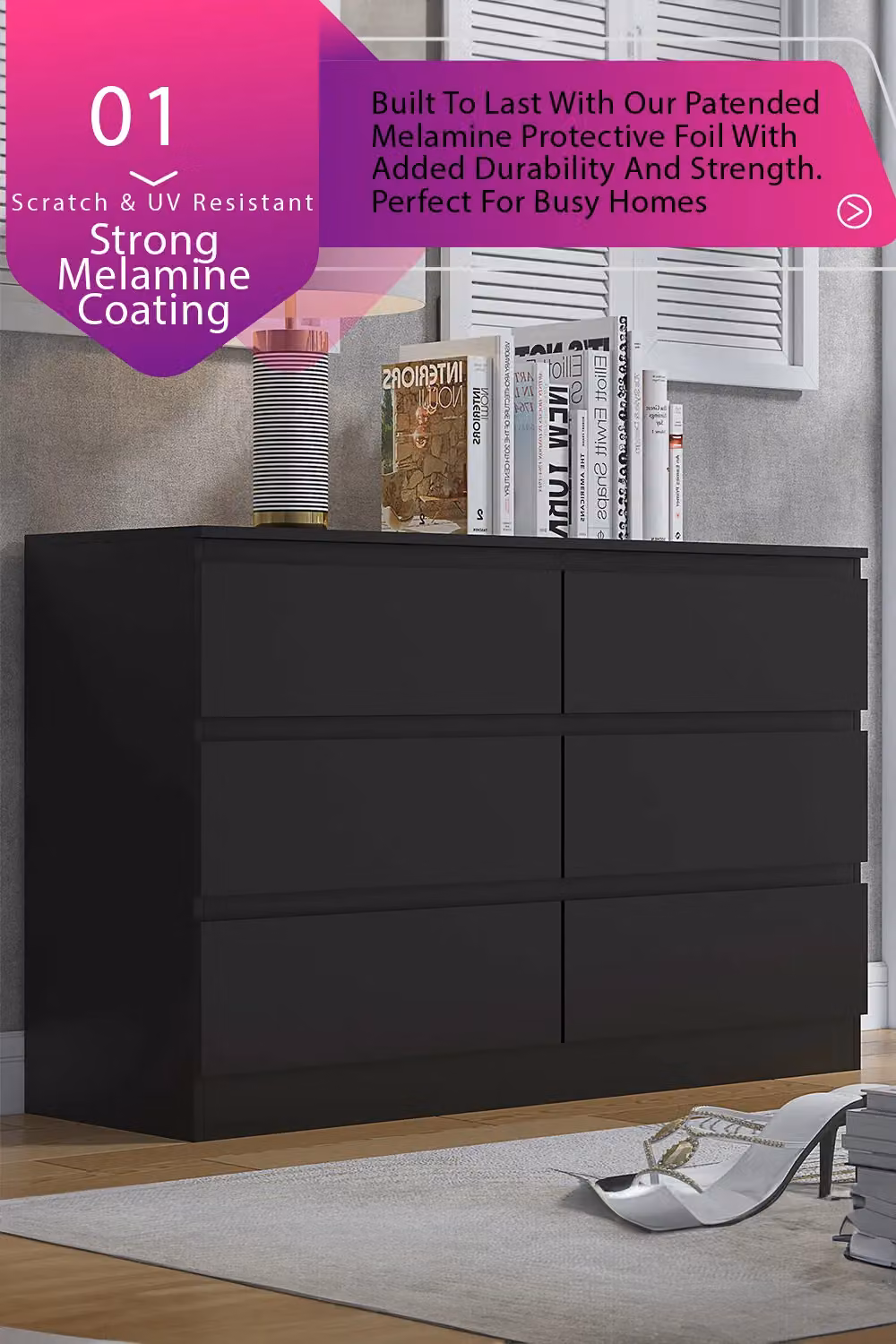 FWStyle Stora Matt 6 Drawer Chest in Black, H 77 x W 110 x D 40 cm – 2