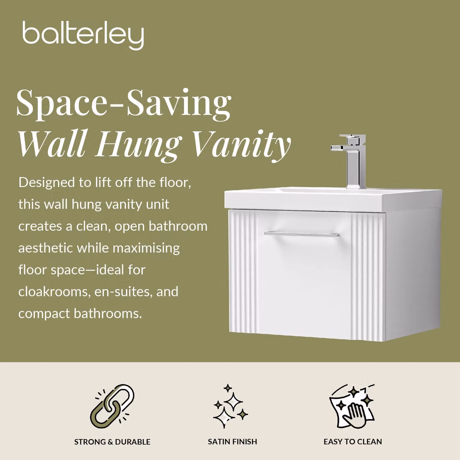 Balterley Wall Hung Single Drawer Vanity Unit with Mid Edge Basin in White, W/D/H: 50.0 x 39.0 x 39.9 cm – 2
