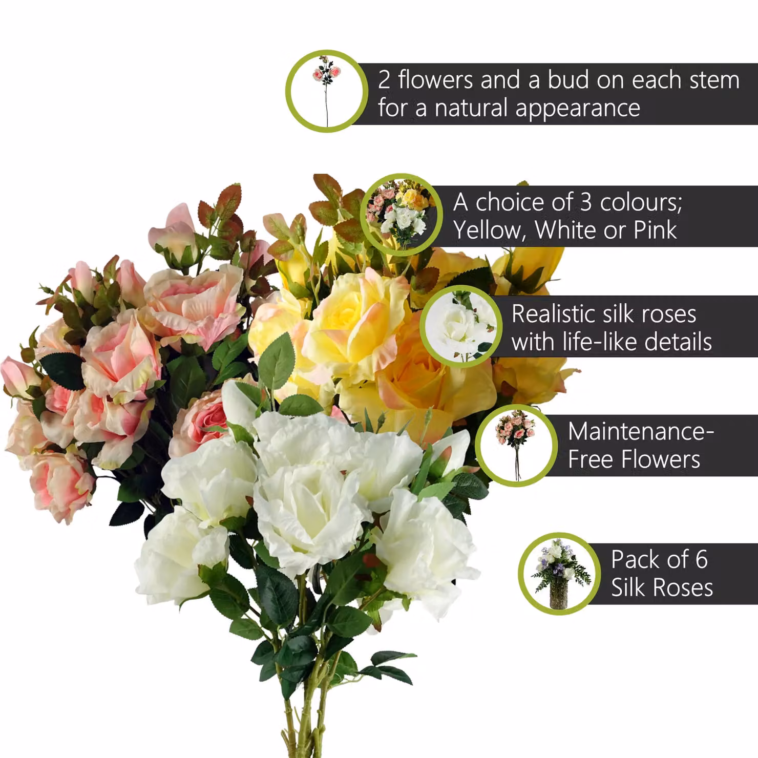 Pegdev Pack of 6 Artificial Rose Stems in White, Yellow and Pink, 80 cm Height – 2