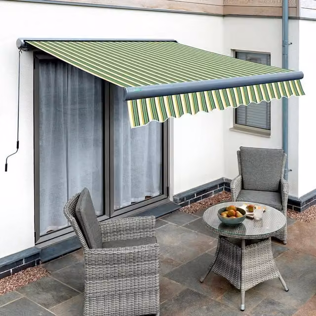 Primrose Manual Full Cassette Awning in Charcoal and Green Stripe with Aluminium Frame, W: 300 cm, D: 250 cm