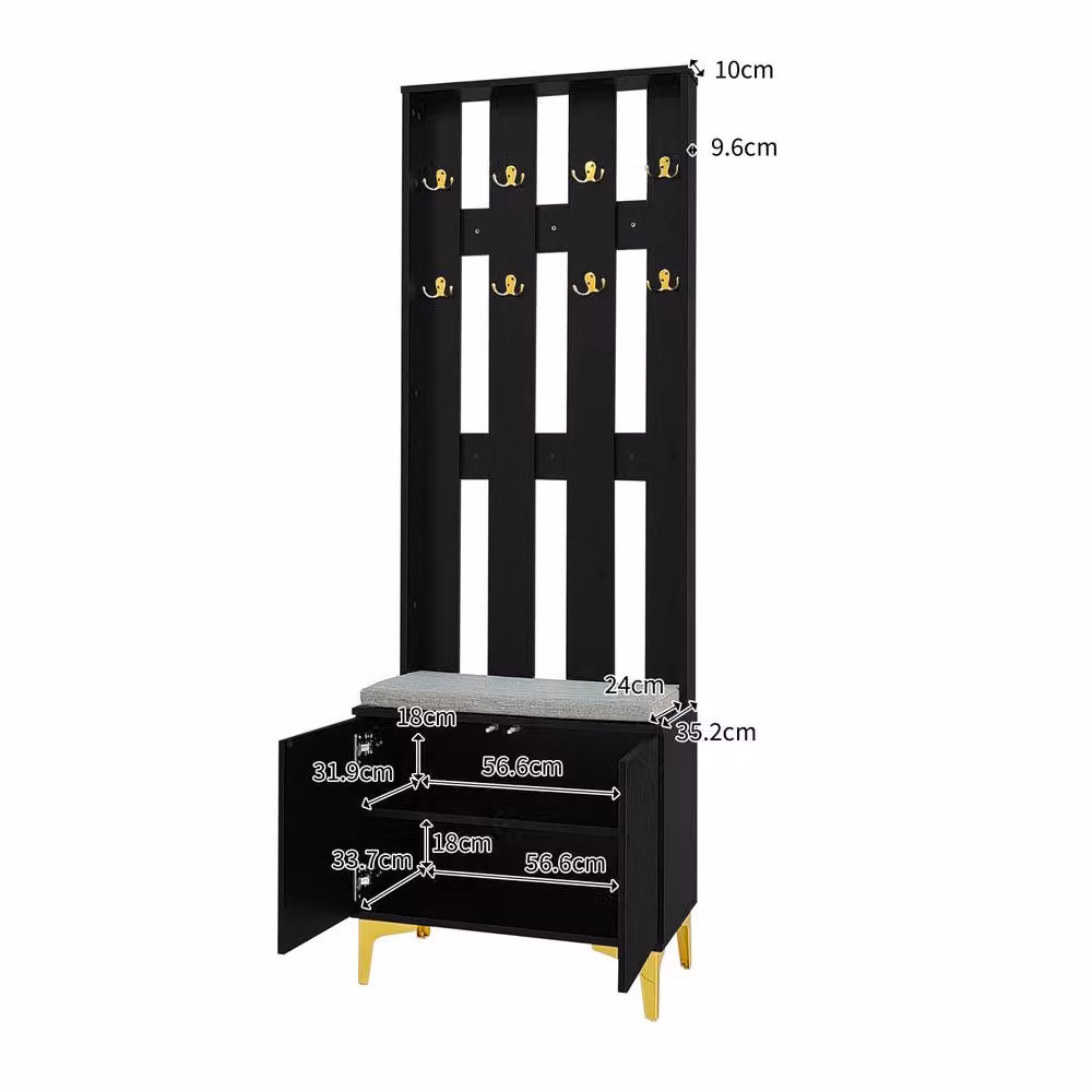 Merax Hall Tree with Fluted Shoe Bench and Cushioned Seat in Black and Gold – 2