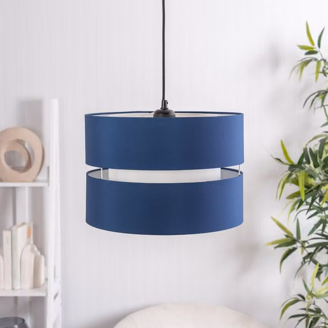 ValueLights Sophia Large 2 Tier Navy Blue Fabric Cylinder Ceiling Light Shade and Bulb