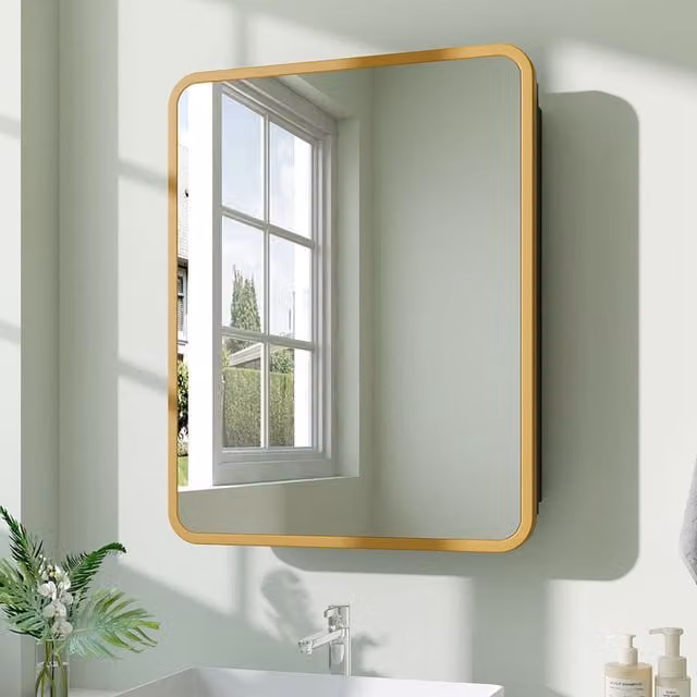 Livingandhome Modern Gold Wall Mounted Bathroom Storage Mirror Cabinet with Glass Doors and Internal Shelves, Width: 61 cm