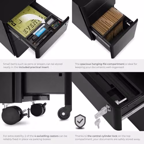 tectake Lockable Mobile Filing Cabinet in Black Steel with 2 A4 Drawers and 1 Hanging File Drawer, W/D/H: 59.5 x 50 x 59.5 cm – 7