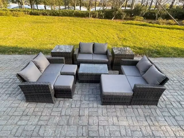 Fimous 9-Piece U-Shape Rattan Garden Furniture Set in Dark Grey with Upholstered Cushions, 2 Side Tables and 3 Footstools