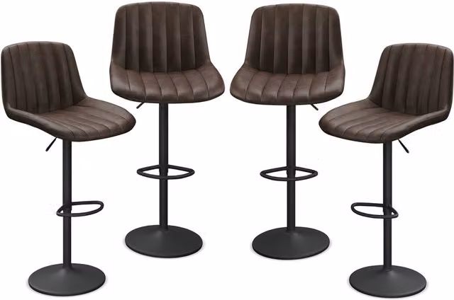 URBNLIVING Set of 4 Ribbed Brown PU Leather Bar Stools with Backrest and Footrest