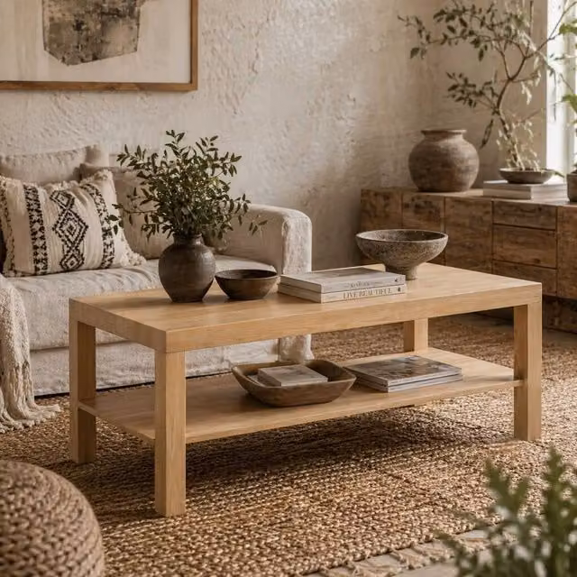 Wyld Haus Rectangular Coffee Table in Brown and Beige with Bottom Shelf, Width: 90 cm – 1