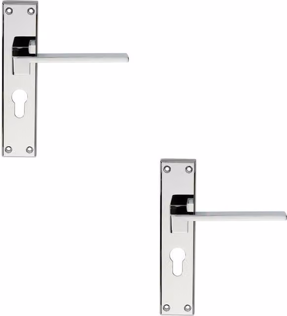 Loops 2x Pair Flat Straight Lever Euro Backplate Door Handles in Polished Chrome, W: 180 mm x H: 40 mm