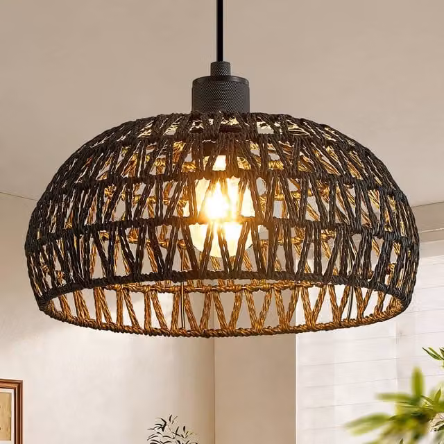Harper Living Black Handwoven Rope Dome Ceiling Light Shade with Reducer Ring, W: 30 cm, D: 30 cm, H: 15 cm