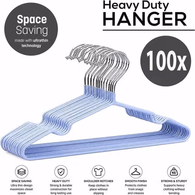 PAWNORA Space Saving Metal Wire Hangers in Blue, Pack of 100