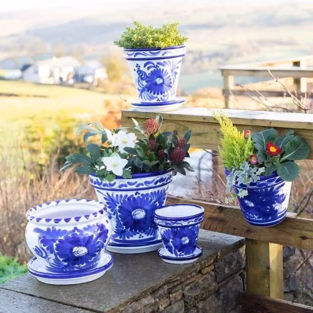 Verano Spanish Ceramics Blue Floral Round Ceramic Tabletop Plant Pot