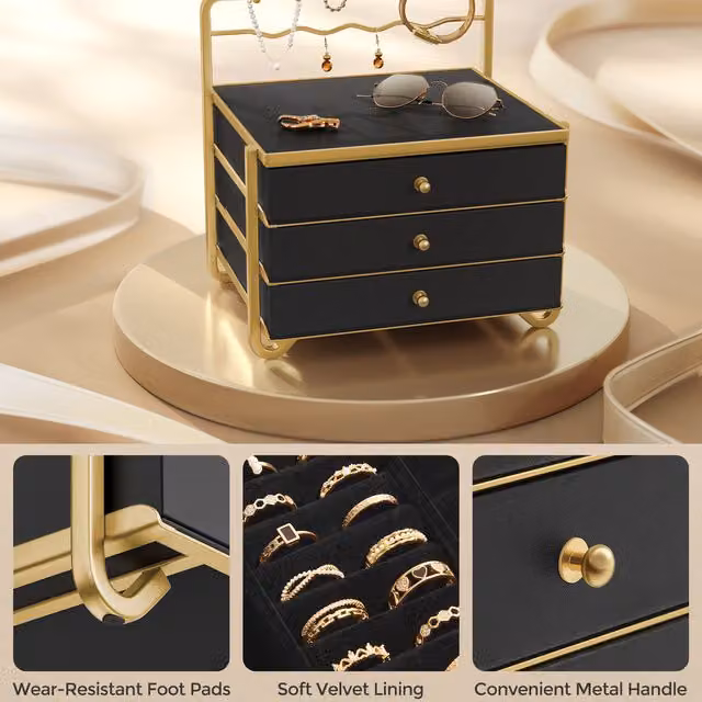 SONGMICS Jewellery Box and Drawer Organiser with Open Storage, Black and Gold, W: 23.5 cm, D: 22.0 cm, H: 22.7 cm