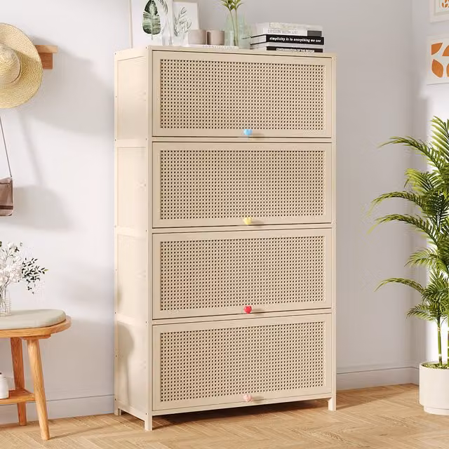 Livingandhome Freestanding Bamboo Storage Sideboard in White with Rattan Detail