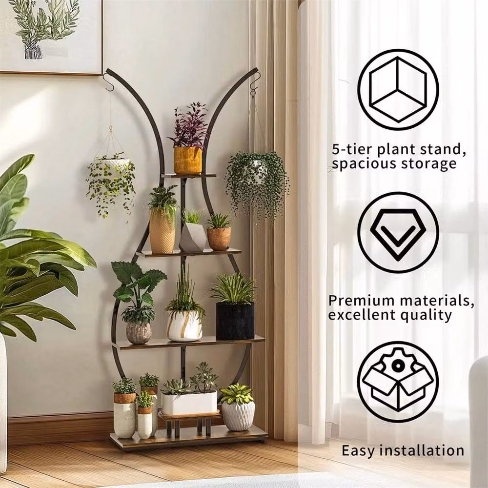 ERGOVEXA 5-Tier Wood and Metal Vase-Shaped Plant Stand and Bonsai Display Rack in Black – 2
