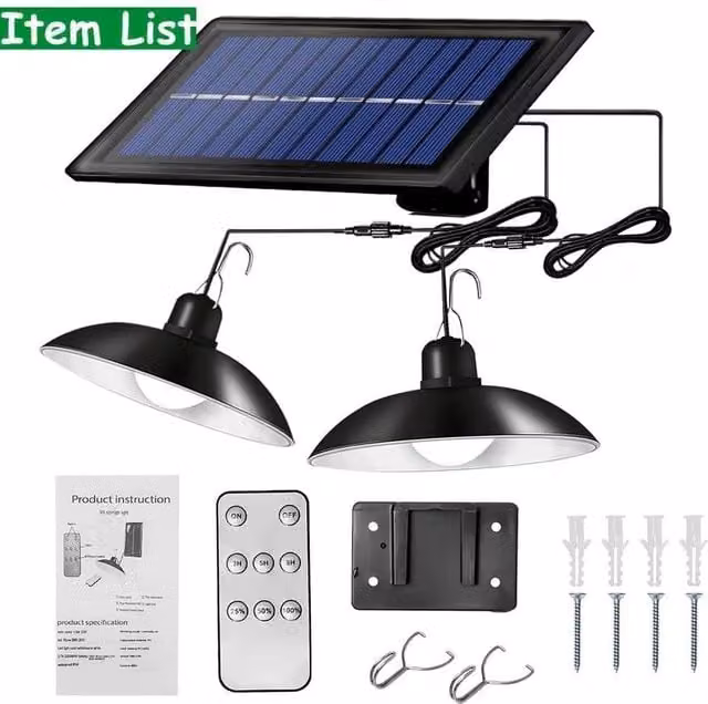 FLAVORA 2-Head LED Solar Powered Suspended Pendant Hanging Light in Black